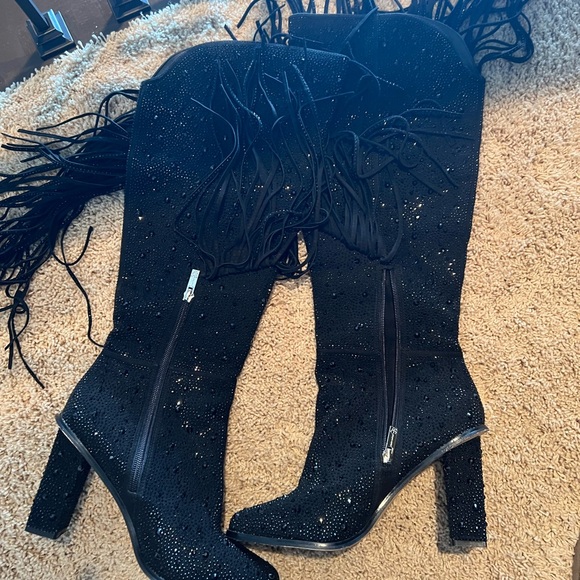 Jessica Simpson Black Sparkle Fringe Heeled Boots - Picture 2 of 3